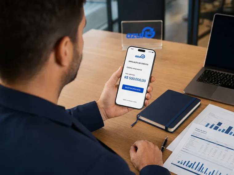 Empresário consultando a simulação de crédito da Azul 360 pelo celular